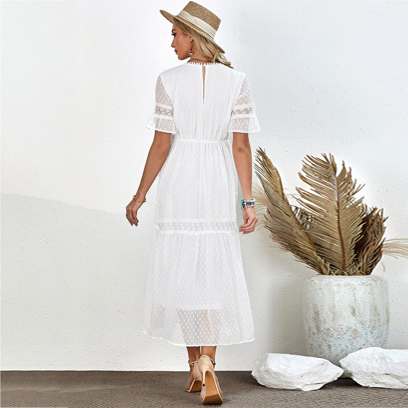 Women's Bohemian Dress White V-Neck Long Embroidered Dress