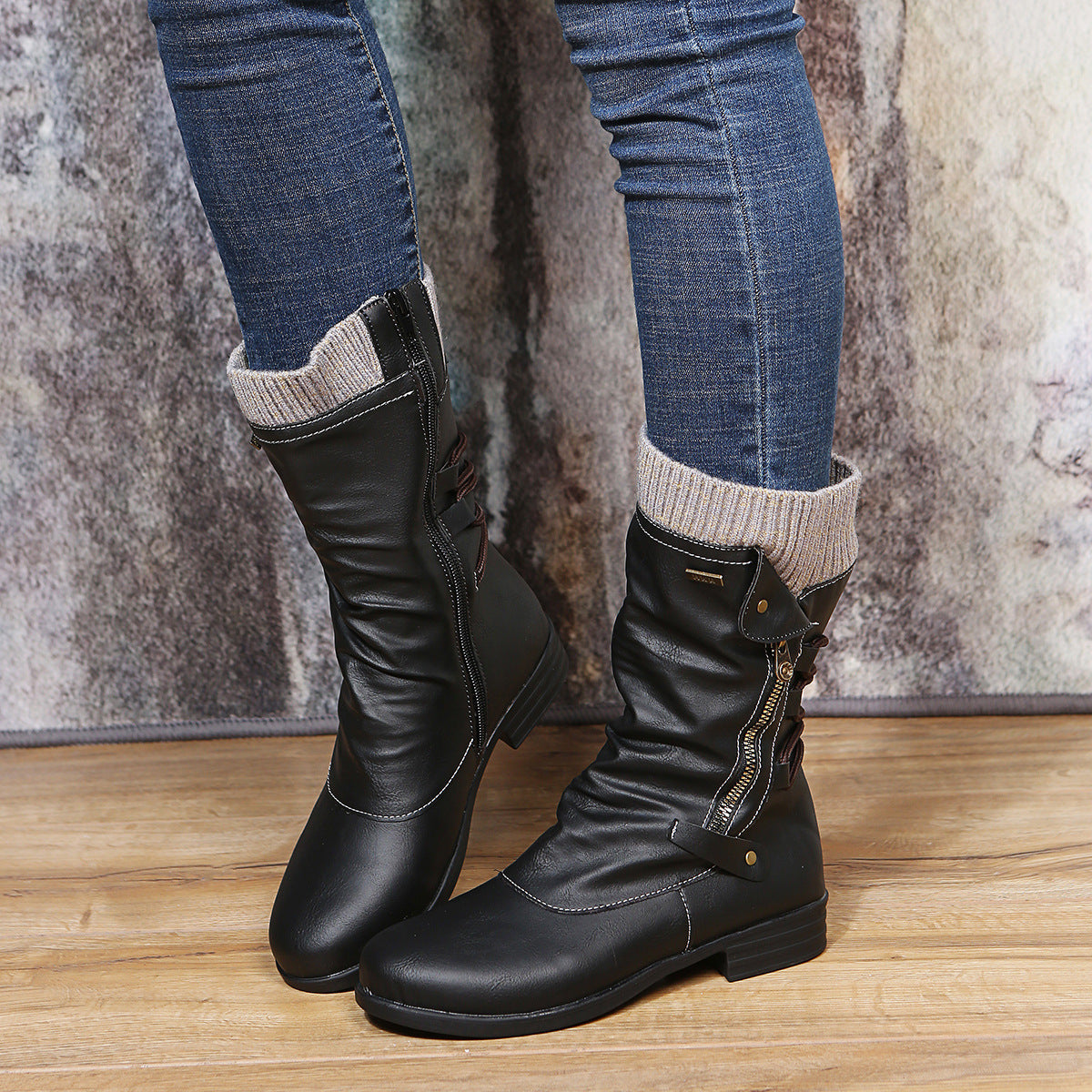 Women's Lace-Up Panel Leather Zip-Up Boots