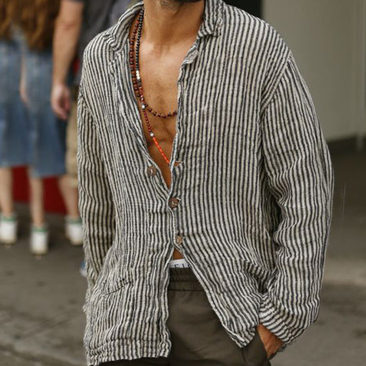 Men's Fashion Striped Print Casual Linen Shirt