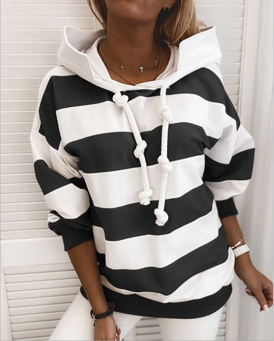 Women's Stripe Drawstring Hoodie Sweatshirt