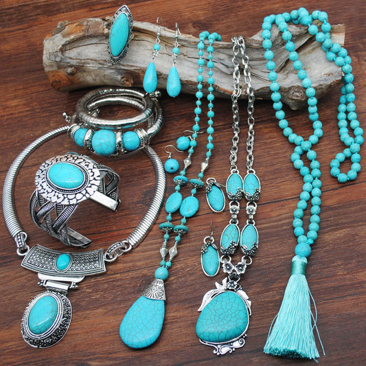 Women's Vintage Turquoise Jewelry Cowboy Style Necklace Earrings Ring Bracelet Set