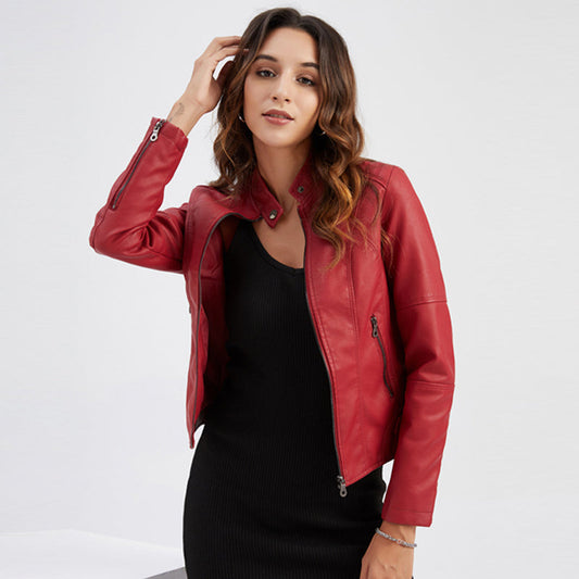 Slim-fit Stand-collar Leather Jacket Woman Biker Jacket