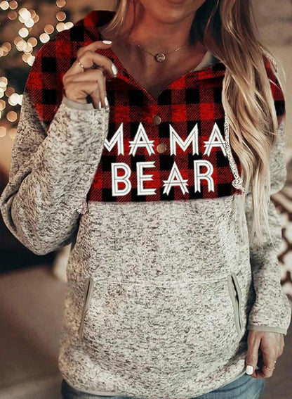 Women's Mama Bear Hoodie Plaid Hooded Sweatshirt Sweater