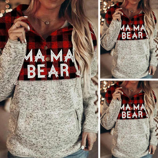 Women's Mama Bear Hoodie Plaid Hooded Sweatshirt Sweater