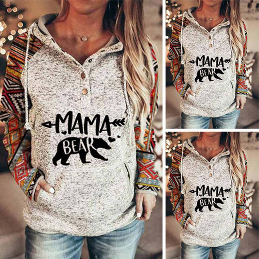 Women's Hooded Mama Bear Hoodie Plaid Sleeve Pocket Sweatshirt