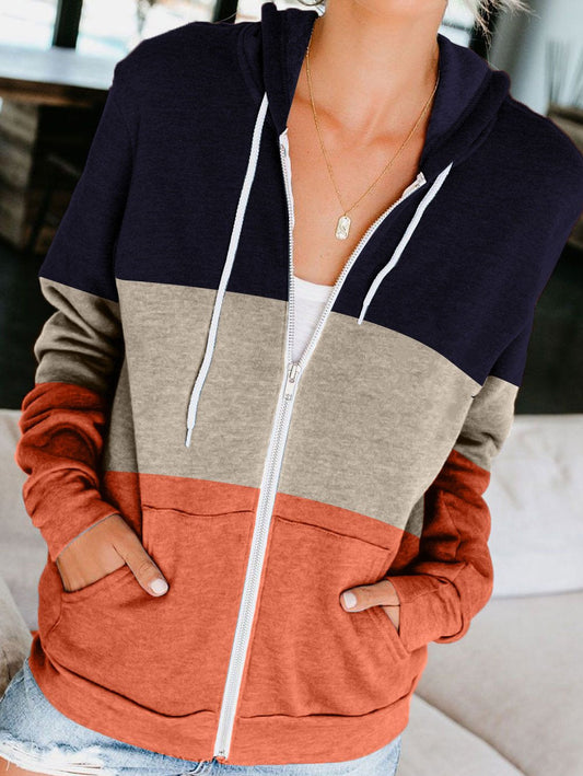 Color Block Hoodie Zipper Lace Hooded Womens Sweatshirt