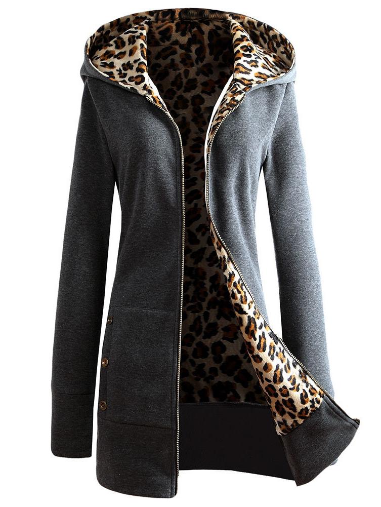 Women Zipper Leopard Print Casual Hoodie Coat Jacket