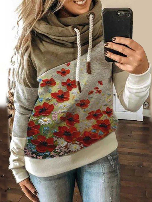 Women's Flower Printed Drawstring Scarf Collar Sweatshirt