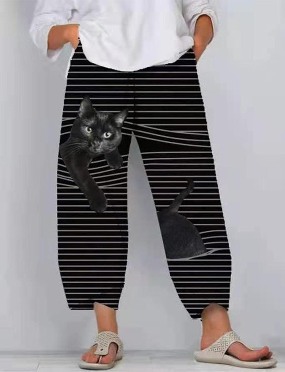 Black Cat Print Striped Patchwork Elastic Waist Plus Size Pants