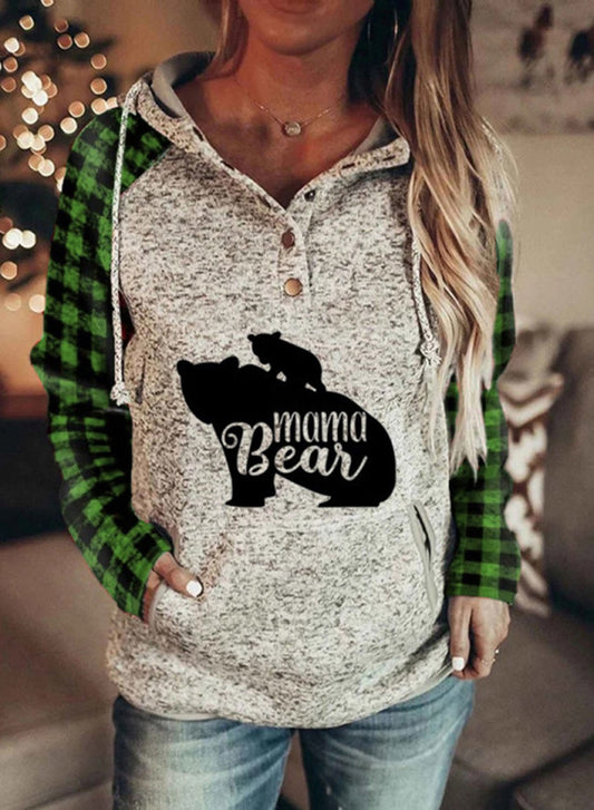 Mama Bear Hoodie Plaid Pocketed Hooded Sweatshirt Sweater