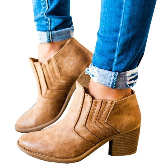 Women's Solid leather Boots Round Toe Heeled Boots Shoes