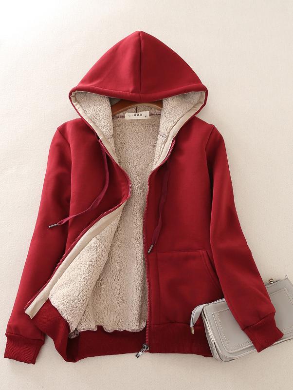 Women Coat Lamb Hooded Color Zipper Hoodie Sweater