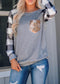 Plaid Splicing Sequined Pocket Long Sleeves T-Shirt