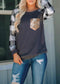 Plaid Splicing Sequined Pocket Long Sleeves T-Shirt