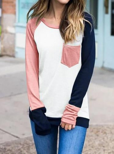 Color Block Pocket Long Sleeve Baseball T-Shirt Tee