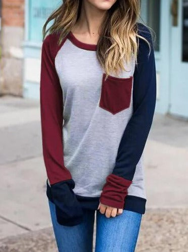 Color Block Pocket Long Sleeve Baseball T-Shirt Tee