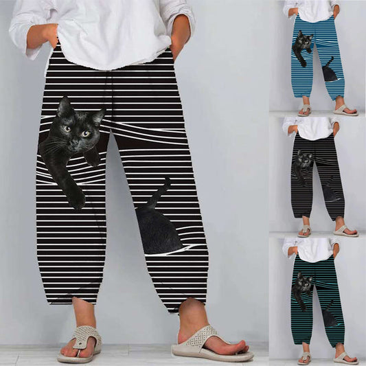 Black Cat Print Striped Patchwork Elastic Waist Plus Size Pants