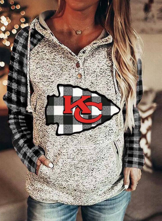 Women's Black White Buffalo Plaids KC Splicing Hoodie Sweatshirt