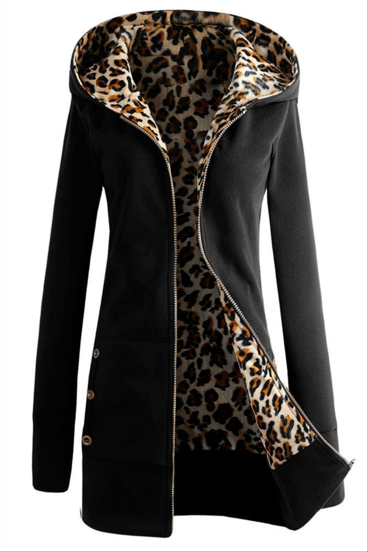 Women Zipper Leopard Print Casual Hoodie Coat Jacket