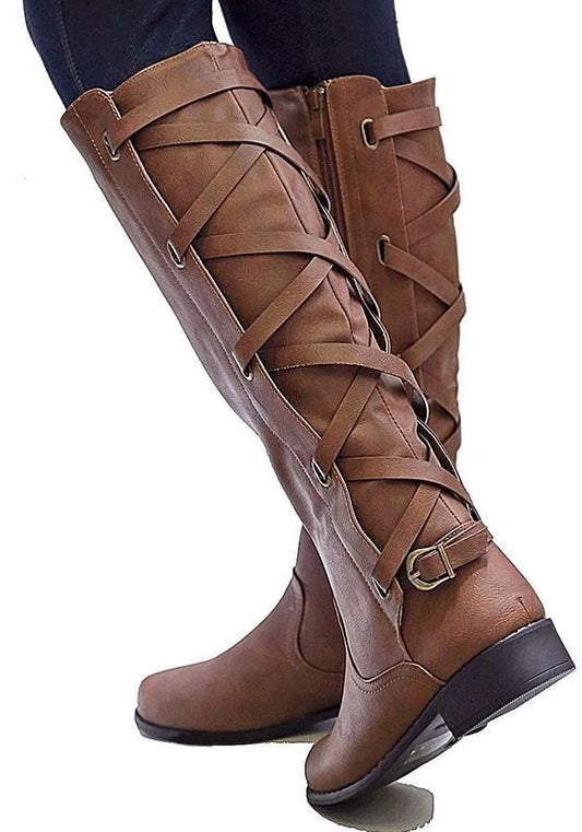 Brown Round Toe Chunky Buckle Fashion Boho Mid-Calf Boots