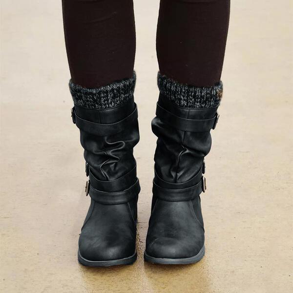 Women's PU Flat Heel Boots Mid-Calf Boots Winter Boots With Buckle Shoes