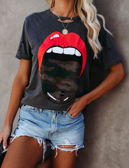 Camo & Red Lips Distressed Cotton Women's T-Shirt