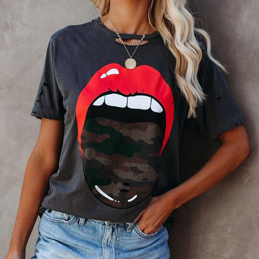 Camo & Red Lips Distressed Cotton Women's T-Shirt