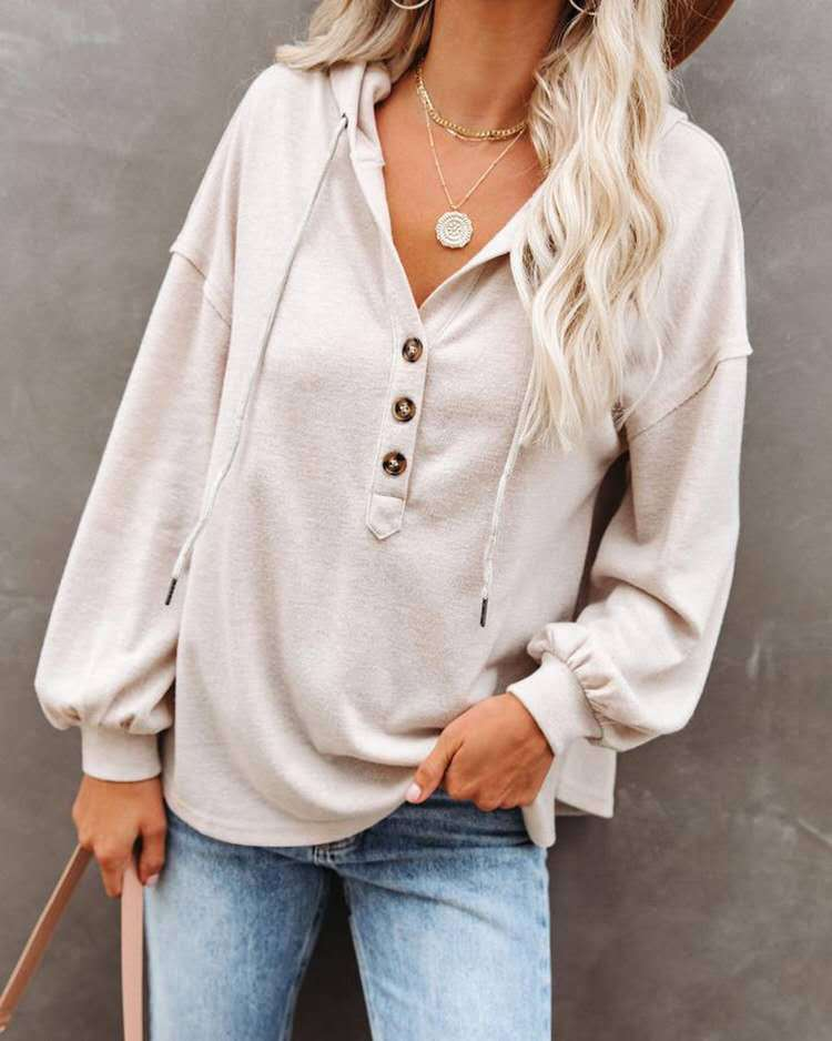 Women's Long Sleeve V Neck Hooded Sweatshirt