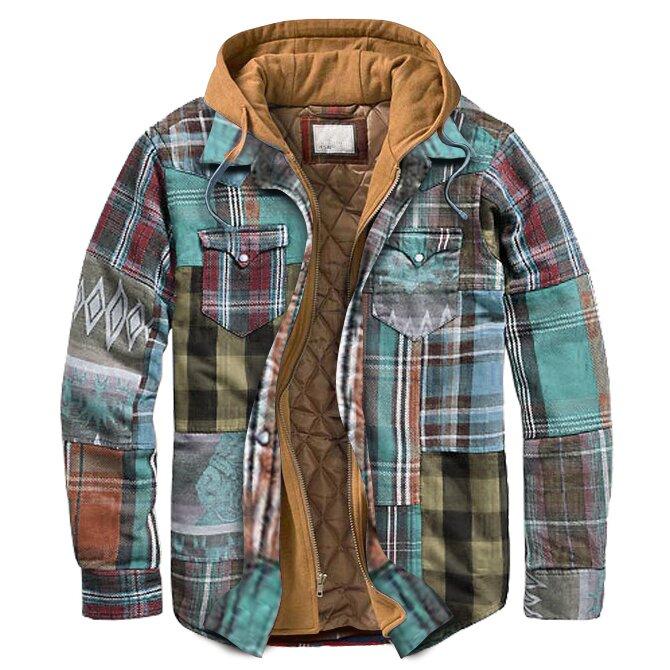 Men's Coat Casual Multicolor Stitching Thick Plaid Hooded Jacket