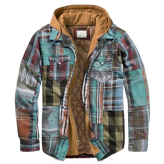 Men's Coat Casual Multicolor Stitching Thick Plaid Hooded Jacket