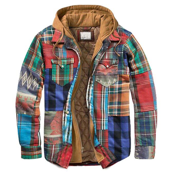 Men's Coat Casual Multicolor Stitching Thick Plaid Hooded Jacket