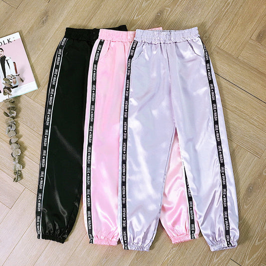 Big Satin Highlight Harem Pants Women Glossy Sport Ribbon Trousers Style Pants