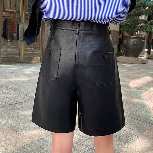 Women Leather PU Shorts Half Pants Wide Leg Loose Casual Pockets High Waist