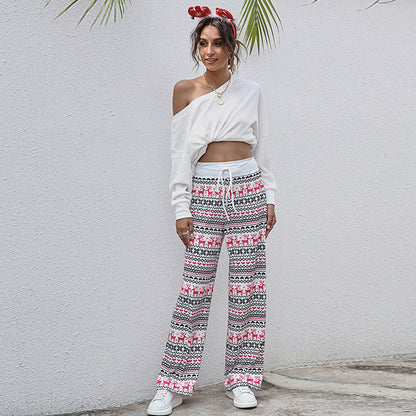 Women's Loose Lace-up Christmas Print Pants