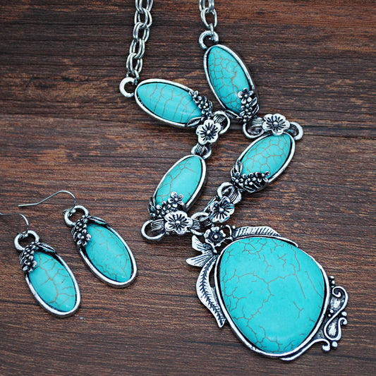 Women's Vintage Turquoise Jewelry Cowboy Style Necklace Earrings Ring Bracelet Set