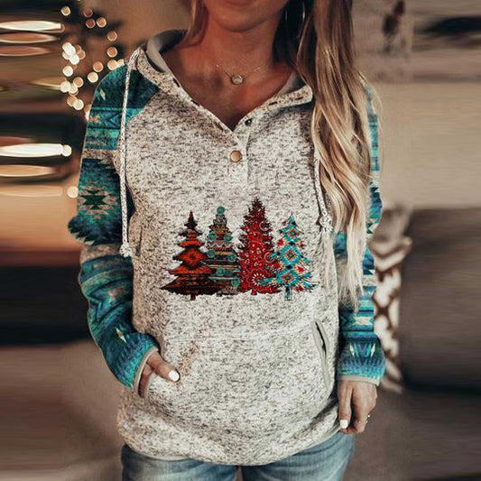 Christmas Blue Plaid Christmas Tree Print Women's Hoodie