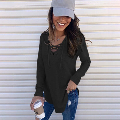 Women's Solid Color V-neck Strapped Loose Top T-shirt