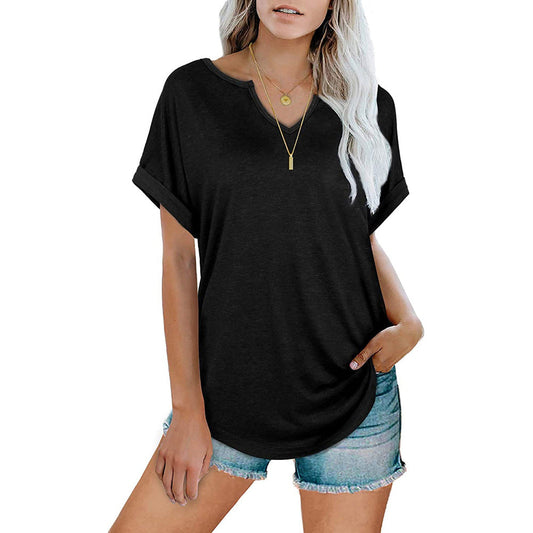 Women's Solid Color V-Neck Loose Short-Sleeved T-Shirt