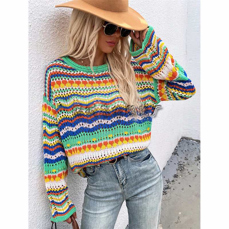Women's Sweater Striped Panel Rainbow Cutout Loose Knit Pullover Top