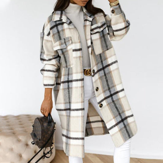 Women's Warm Plaid Long Woolen Coat