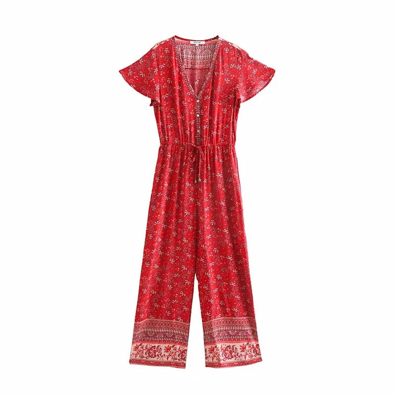 Women Vintage Jumpsuit Boho Print Beach Jumpsuit Set