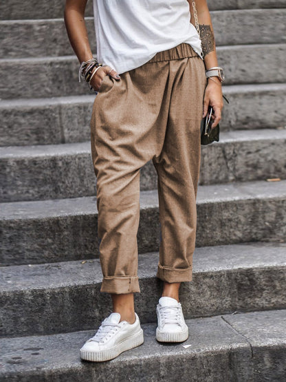 Women's Solid Color Casual Elastic High Waist Harem Trousers