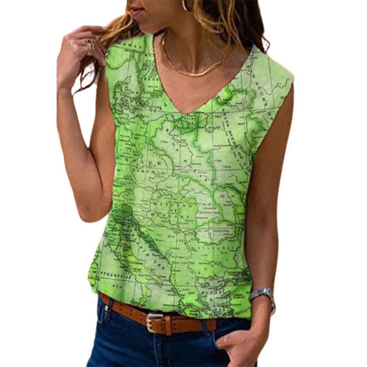 Women's Spring And Summer Vest Map Print T-shirt Top