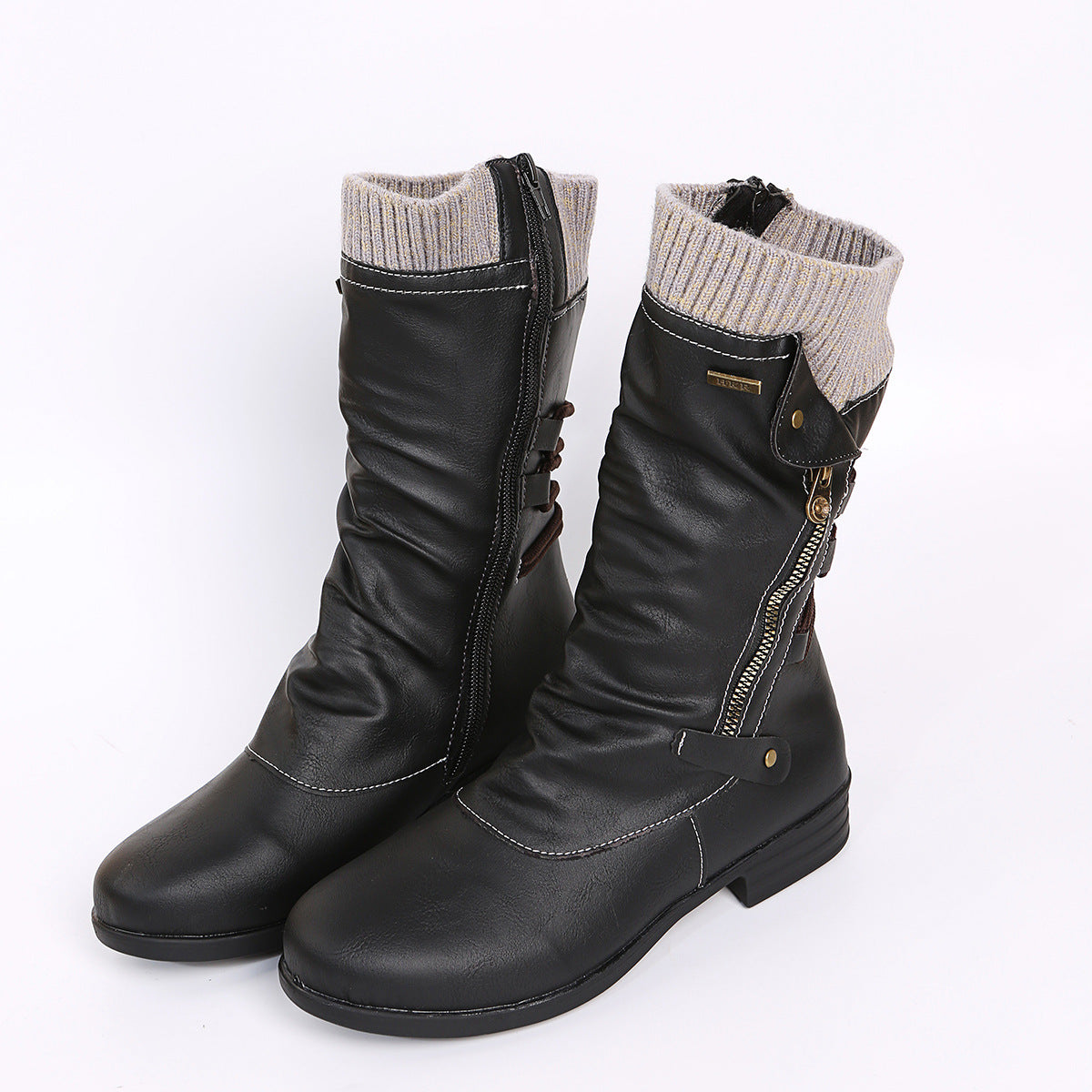 Women's Lace-Up Panel Leather Zip-Up Boots