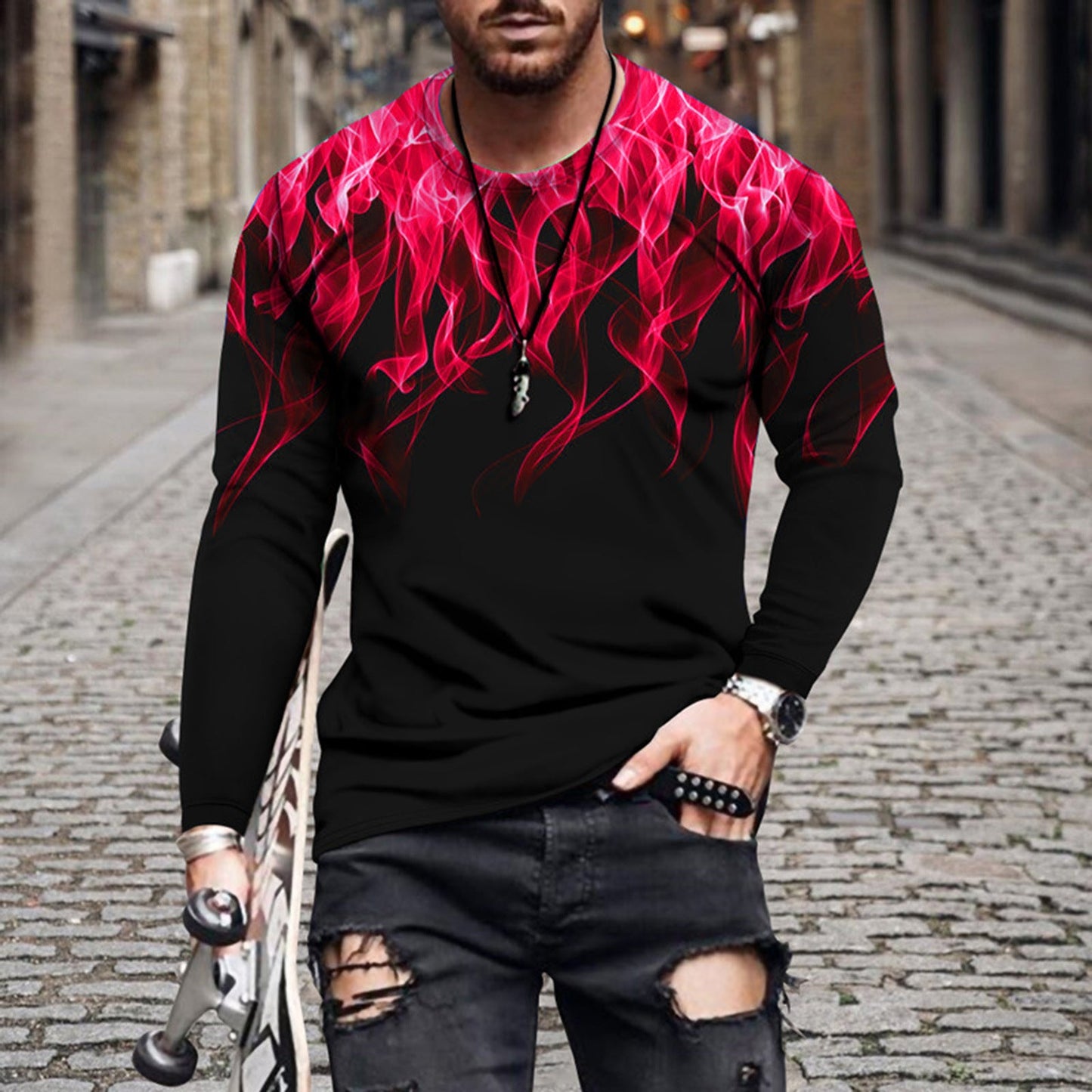 Flame Print Men's Long-sleeved T-shirt