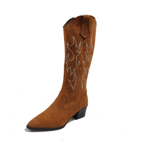 Woman Autumn Western Cowboy Flame Embroidery Boots