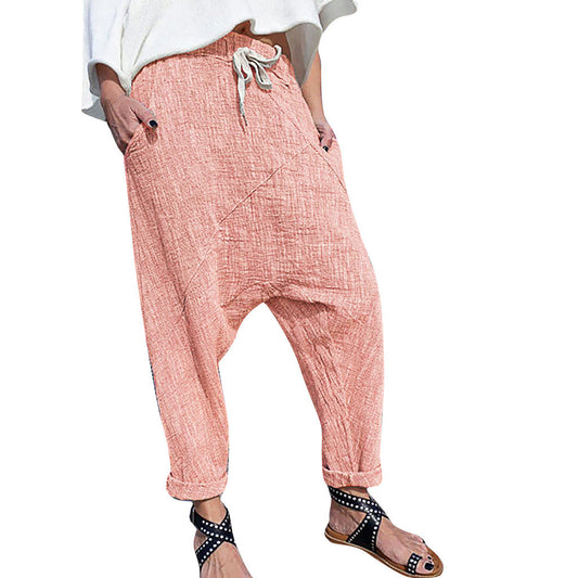 Women's Lace-up Cotton And Linen Wide-leg Elastic Trousers