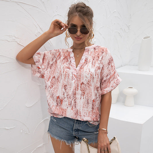 Ladies' V-neck Tie-Dye Printing Casual T-Shirt Chiffon Shirt