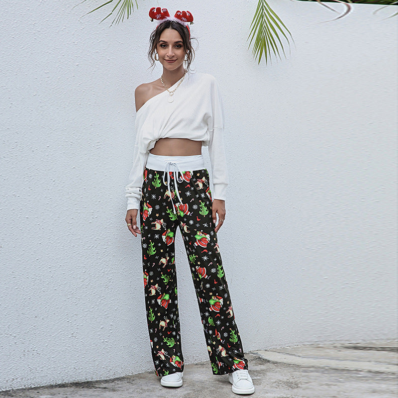 Women's Loose Lace-up Christmas Print Pants