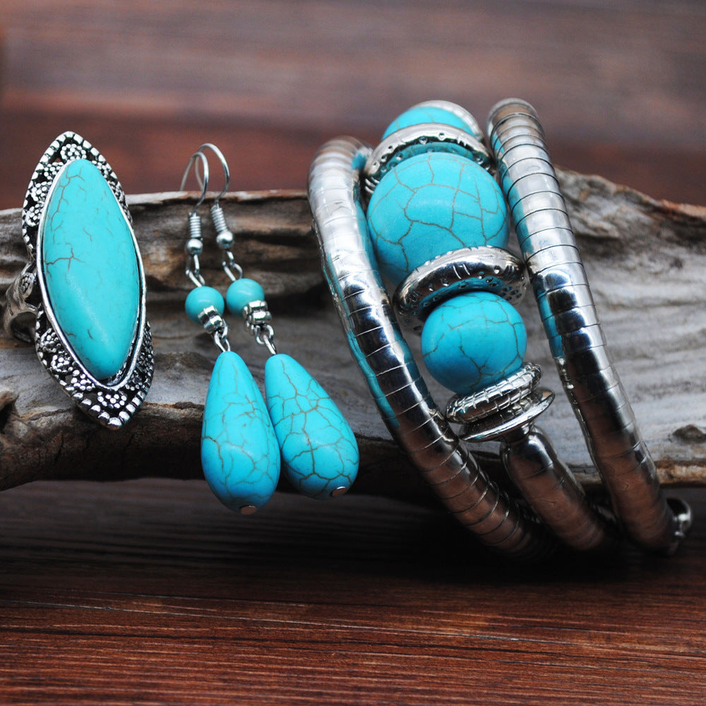 Women's Vintage Turquoise Jewelry Cowboy Style Necklace Earrings Ring Bracelet Set